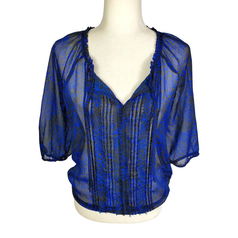 Express Sheer Ruffle Front Floral Print Blouse Blue Black Women's Small
